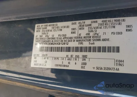 2019 Ford Transit T-250 from USA, damaged, VIN 1FTYR3XM2KKB12812